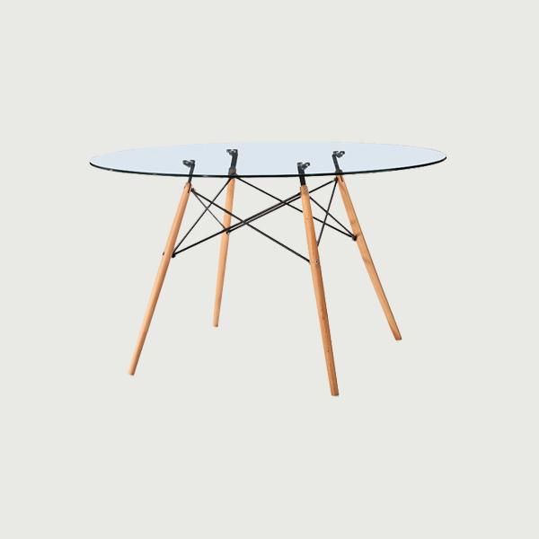 Round Glass top dining table with beech wood leg